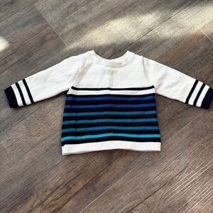 Jacadi Paris 6M Baby Sweater Ivory Blue Stripe Knit Crewneck Long Sleeve‎